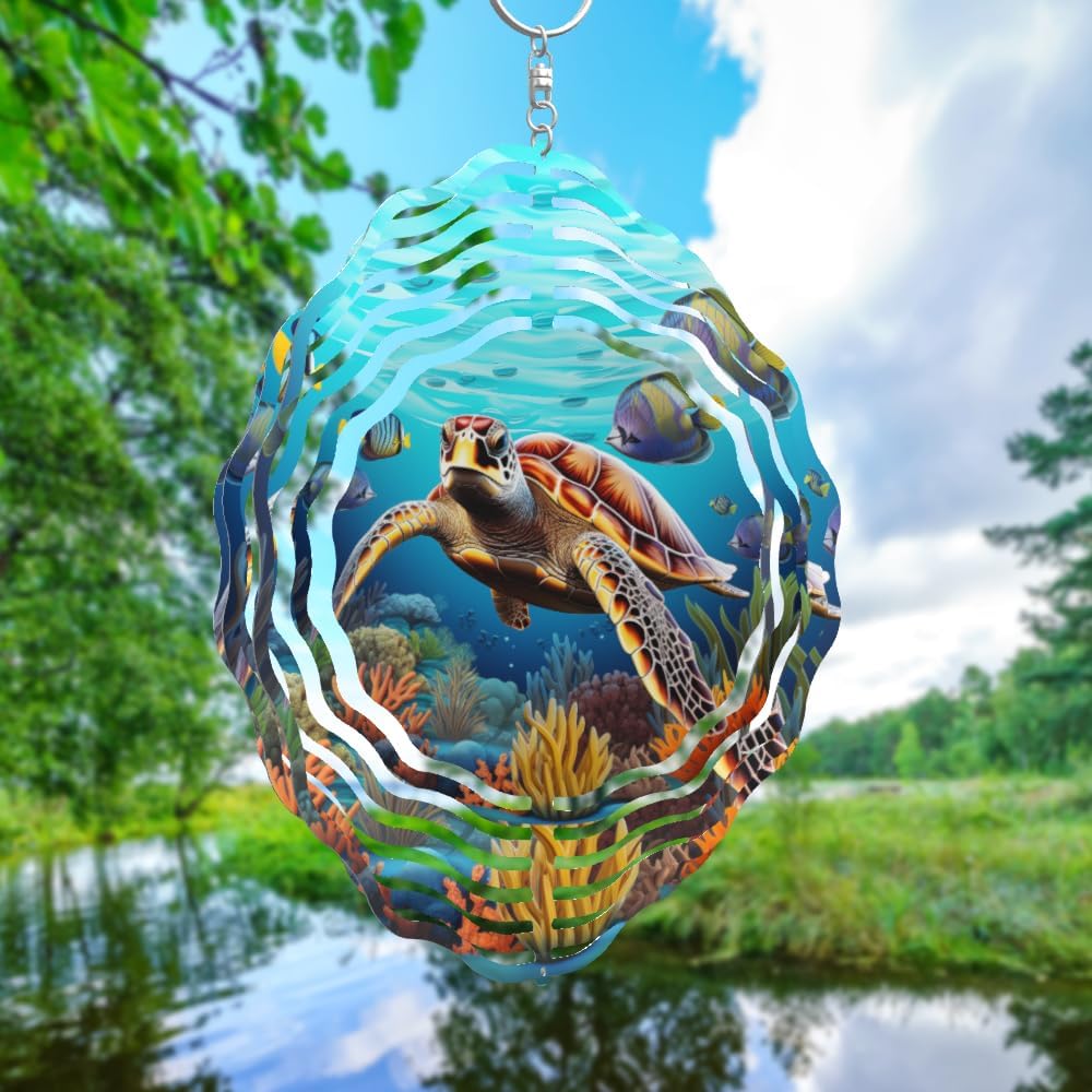 3D Sea Turtle Wind Spinner 10 Inch Ocean Theme Metal Art Stainless Steel Kinetic Art Hanging Spinner for Indoor and Outdoor Garden Decoration