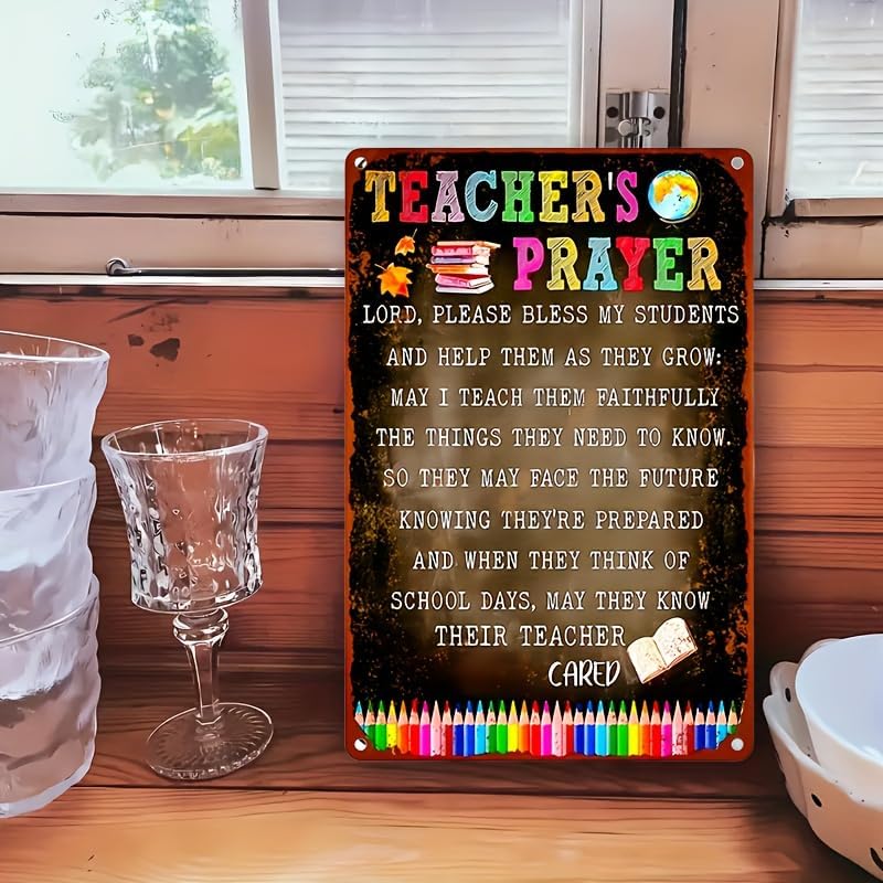 1pc Vintage Teacher Prayer Metal Tin Sign, Iron Wall Hanging Decorative Plaque for Classroom, Home, Bar, Cafe, Garage, Multipurpose Use Without Electricity, Pre-Drilled Holes - 12x8 inches