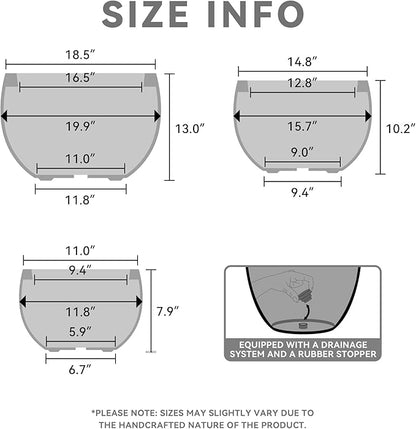 Kante 19.9",15.7",11.8" Dia Round Concrete Planter Set of 3, Outdoor/Indoor Large Bowl Plant Pots with Drainage Hole and Rubber Plug for Garden Patio Balcony Home, Weathered Concrete