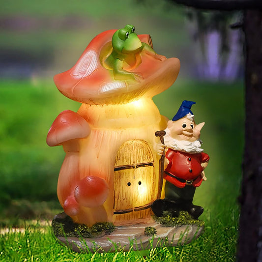 VINIUSIKI Garden Statues Mushroom House Gnome with Solar Light, LED Outdoor Fairy House Statue for Lawn,Balcony-Yard Art Patio Decor, Outdoor Easter Decorations Gifts for Mom Women