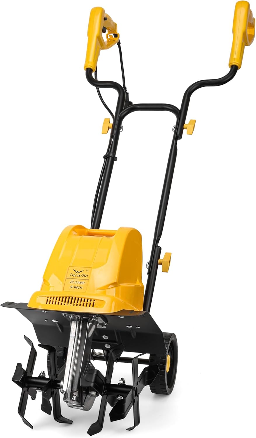 Electric Tiller/Cultivator 4 Steel Tines, 8'' Tilling Depth Garden Roto Tillers for Gardening, 13.5 Amp 12 Inch Corded Rototiller with Adjustable Wheels, Yellow