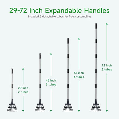 GreatBuddy Adjustable Leaf Rake, 8'' Wide Metal Rake, Perfect for Shrub, Flower Bed & Small Area, 29''- 72'' Expandable Stainless Steel Handle, Easy to Use