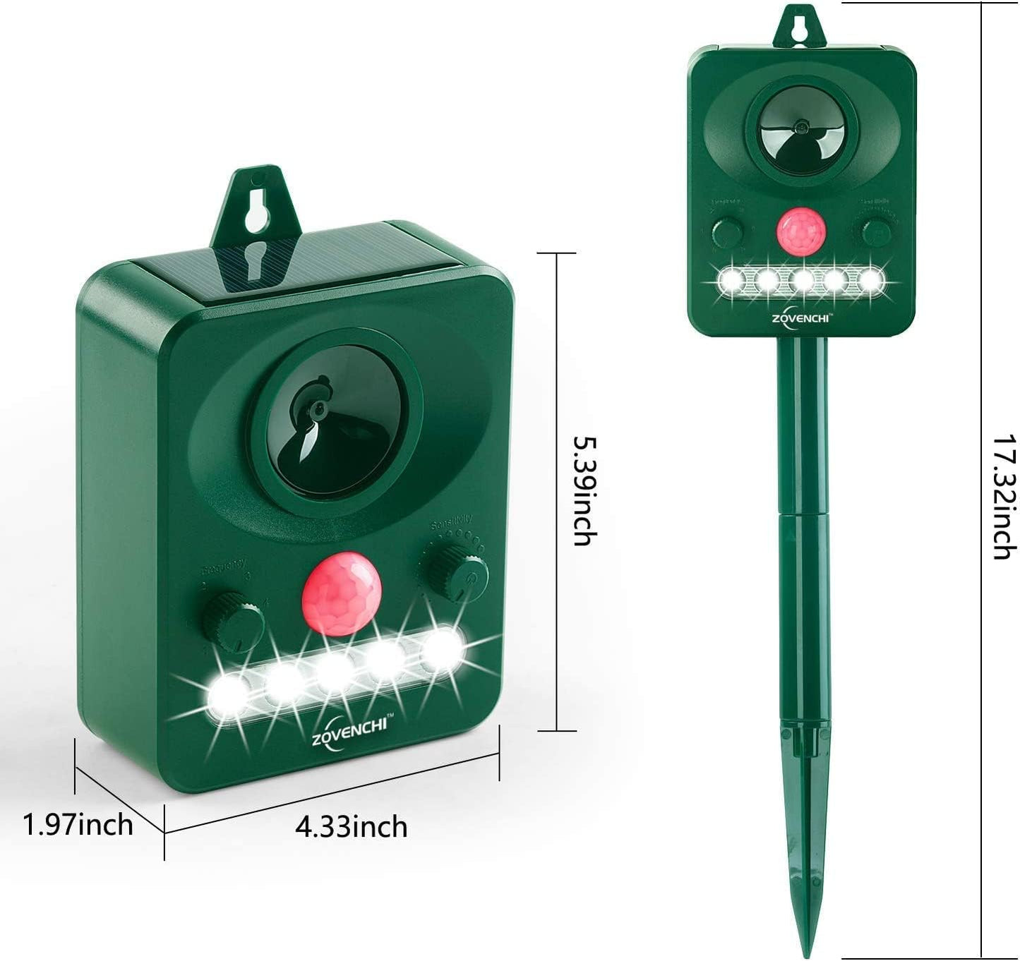 Ultrasonic Animal Deterrent with Flashing Strobe Light, Solar Powered Outdoor Repeller for Raccoons, Cats, Deer, Squirrels, Motion-Activated, Humanely Protects Garden & Lawn.