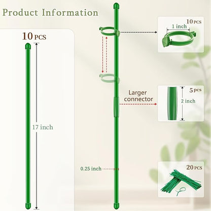 Plant Stakes 17 inch 10Pcs SupKing Support Stick Orchid Stakes with Clips Garden Plant Poles Extended to 3/4/5ft for Indoor Outdoor Potted Tomato Rose Amaryllis Vegetables Monstera Comes with 20 Ties