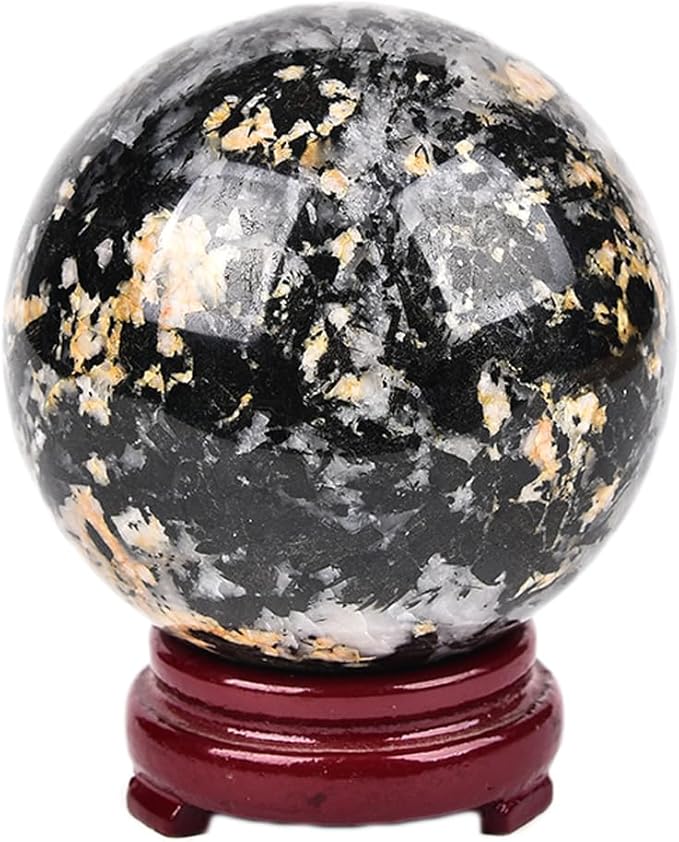 JIC Gem Large Black&White Crystal Sphere with Stand Black and White Tourmaline Crystal Ball Sphere Gemstone Decorative Ball for Home Decor Altar Reiki Feng Shui Crystal Gift 80-90mm