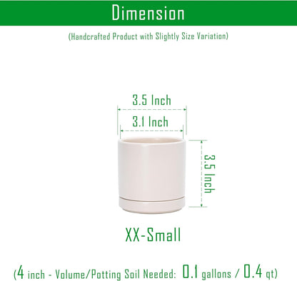 D'vine Dev Set of 4 Small Ceramic Plant Pots, 3.5 Inch Succulent Planter Pot for Plants with Drainage Hole and Saucer, Oatmeal, 94-X-A-8