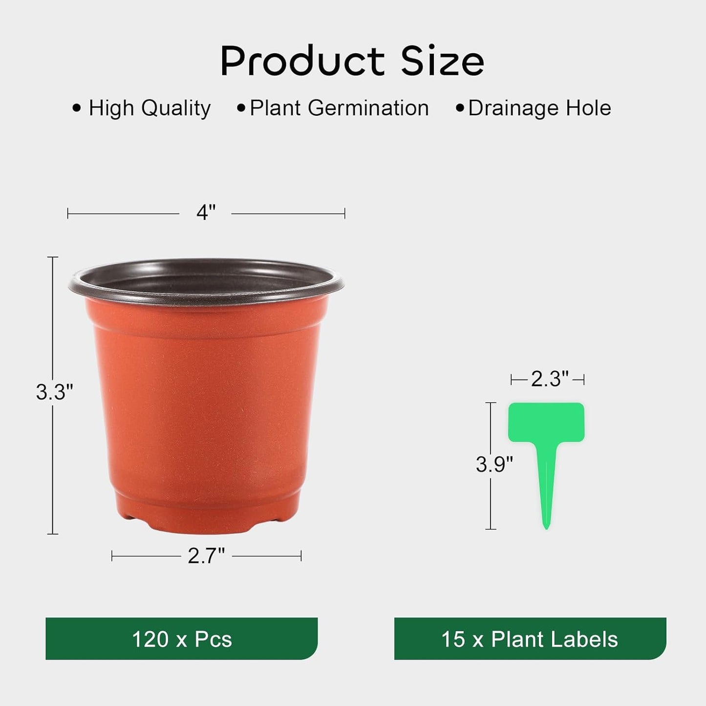 GROWNEER 120 Pcs 4 Inch Nursery Plant Pots for Plants with 15 Labels, Plastic Seed Starter Kit for Indoor & Outdoor Gardening, Seedling Transplant, and Flower Growing Planter