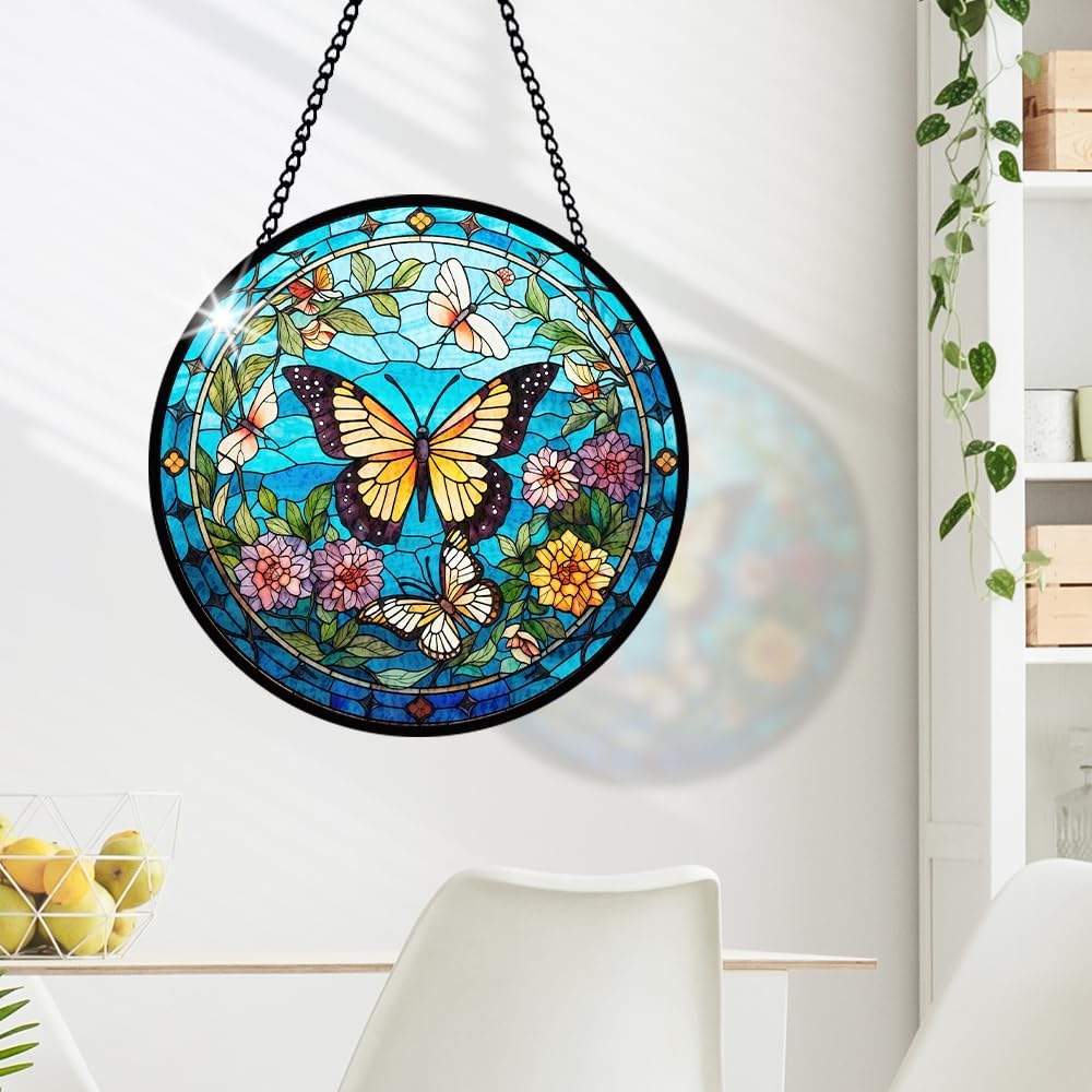 Butterfly Stained Glass Window Hanging, Suncatcher Panel for Window Decor for Indoor Outdoor, Garden Wall Stained Glass for Home, Butterfly Ornament Birthday Gifts for Boys and Girls, Housewarming