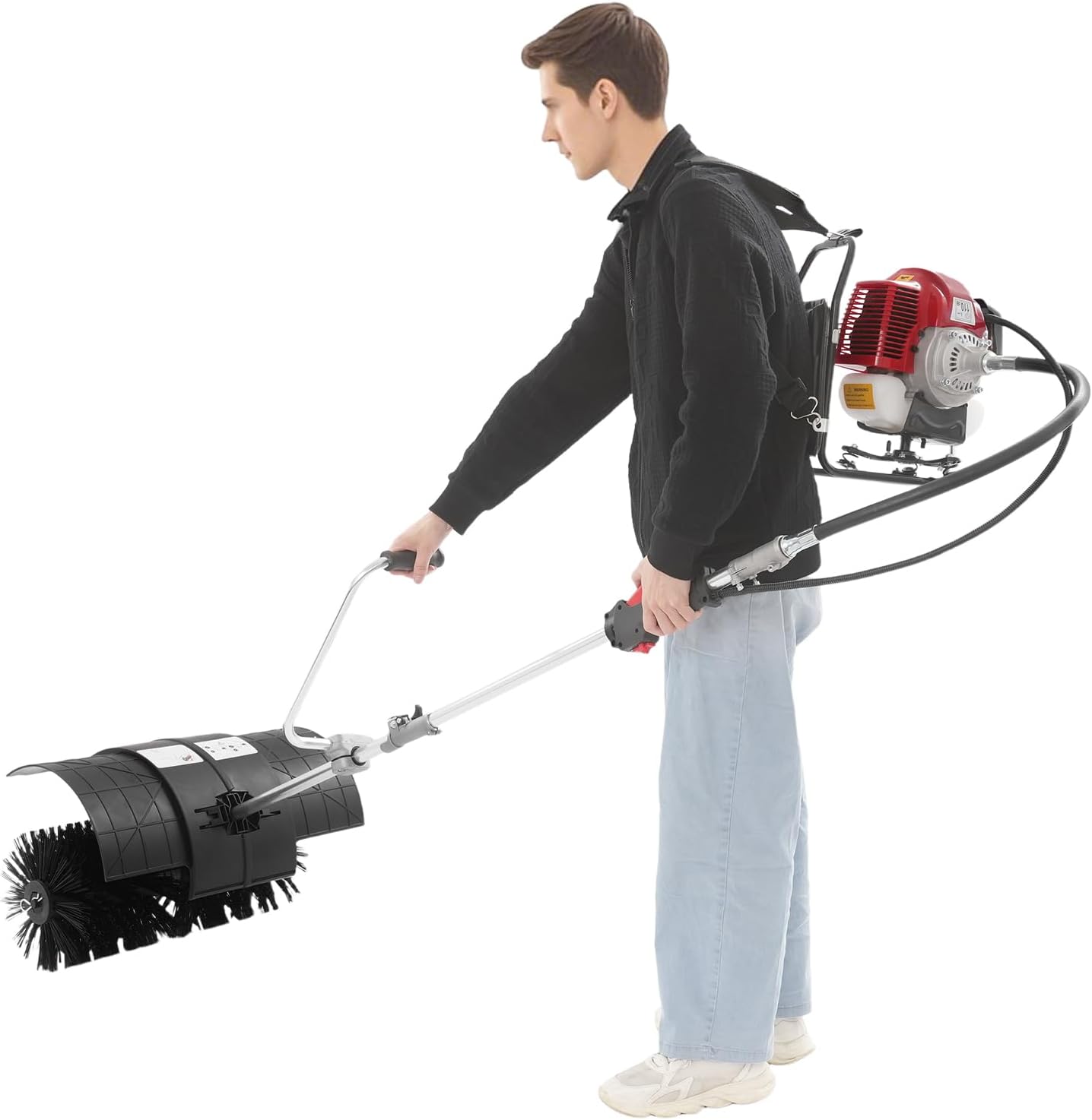 52CC 2 Stroke Gas Backpack Broom Sweeper, 2.3HP Artificial Grass Brush Gasoline Powered Broom, 1700W Outdoor Portable Lawn Sweeper Machine for Cleaning up Boulevard, Driveway, Lawn, Walkway