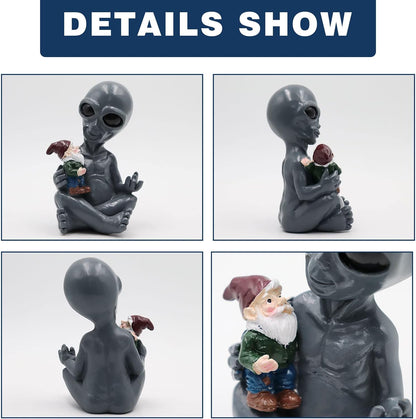 Dnoifne Alien Hugging Gnome Garden Decoration Statue, Resin Alien Dwarf Statue, Waterproof Garden Alien and Gnome Statue for Patio Lawn Porch Decoration Birthday Gifts Housewarming Gifts