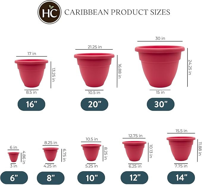 The HC Companies Caribbean Planter Pot - Outdoor & Indoor Plant Pot with Drainage Hole & Plug - Rolled Rim Plastic Pots for Plants & Flowers - Decorative Plant Pot (16" Pink Rose, Pack of 2)
