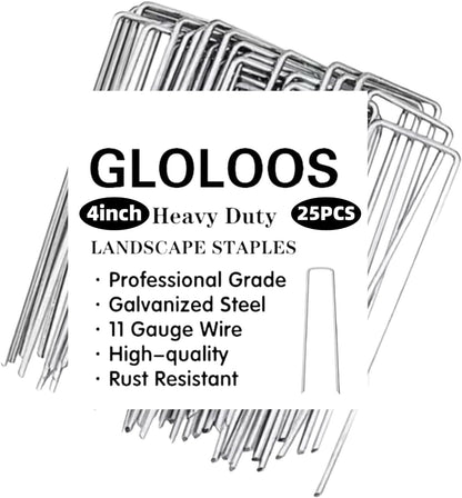 4 inch 25 Pack Silver Galvanized Landscape Staples 11 Gauge Garden Stakes Pins Anti-Rust Ground Stakes U-Shaped Tent Stakes are Used for Weed Barrier, Irrigation Tubing, Yard Lawn, Landscape Fabric