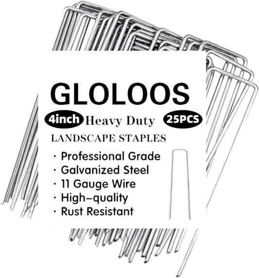 4 inch 25 Pack Silver Galvanized Landscape Staples 11 Gauge Garden Stakes Pins Anti-Rust Ground Stakes U-Shaped Tent Stakes are Used for Weed Barrier, Irrigation Tubing, Yard Lawn, Landscape Fabric