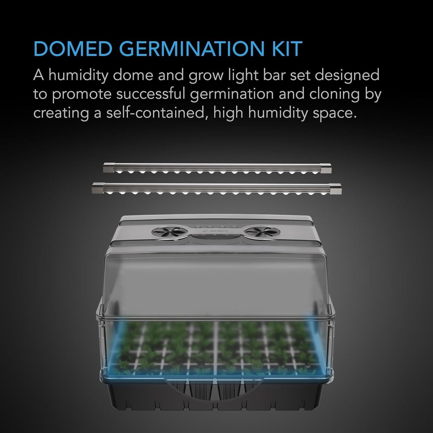 AC Infinity Heavy-Duty Humidity Dome with Full Spectrum LED Grow Light Bars, Samsung LM301H EVO Diodes, Drip Tray, 5x8 Cell Seedling Tray, 3mm Thick Dome and Vented Extension Panels, for Seed Starting