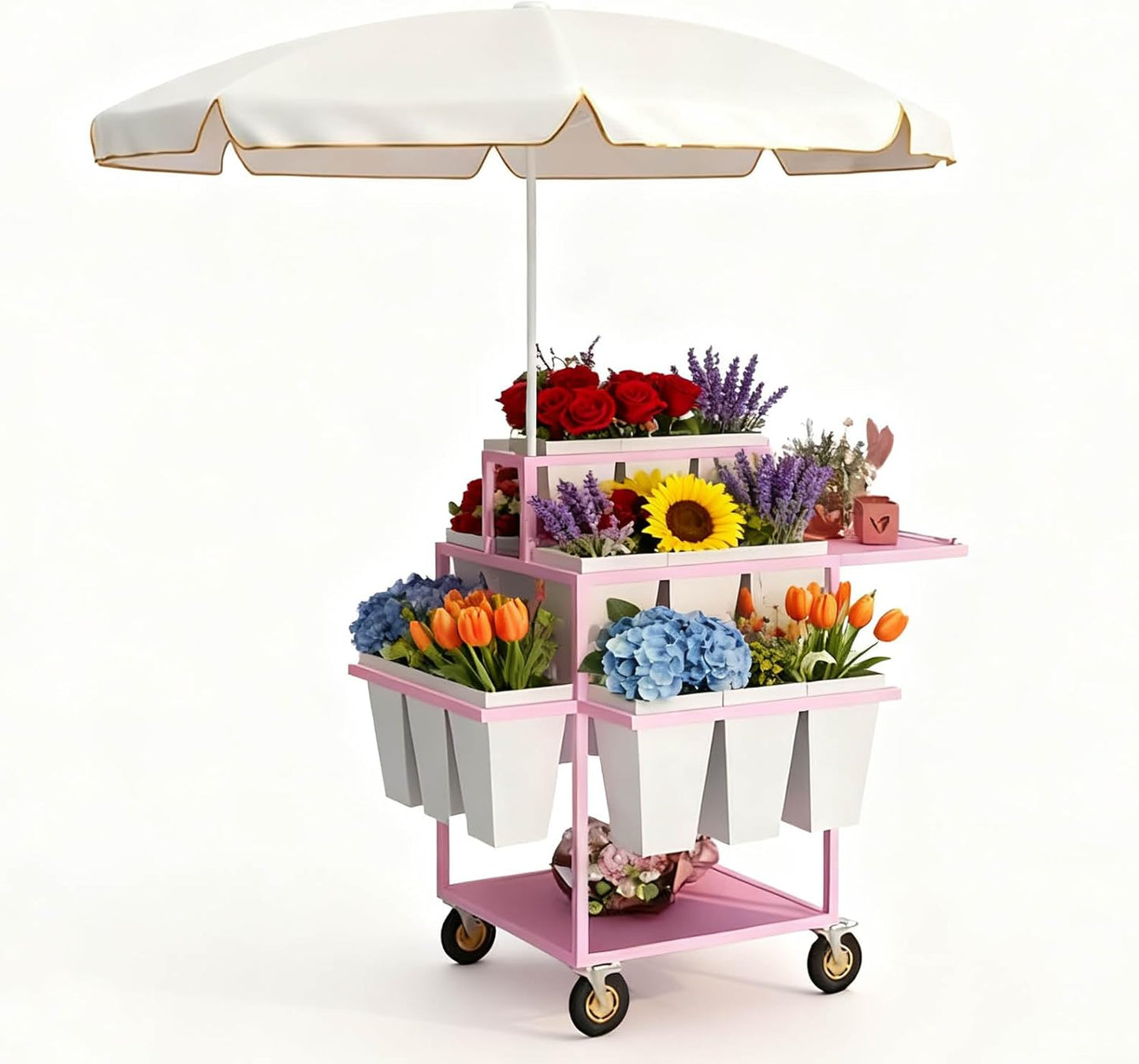 Metal Garden Cart Plant Stand with 18pcs Buckets and parasols, Slide Out Rolling Flower Display Rack, for Florist, Patio Garden, Weddings Party, Business Market (pink)