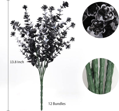RECUTMS Black Artificial Flowers, 12 Pcs Fake Outdoor UV Resistant Plants Faux Plastic Greenery Shrubs Indoor Outside Hanging Planter Flower Decoration, Garden Decor (Black+White)