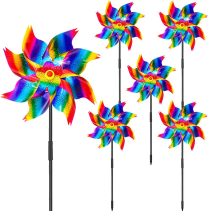 6Pcs Sparkly Pinwheels for Yard and Garden, Reflective Colorful Wind Spinners Yard Decorations Outdoor Windmill, 9.5in Garden Pinwheels to Scare Birds