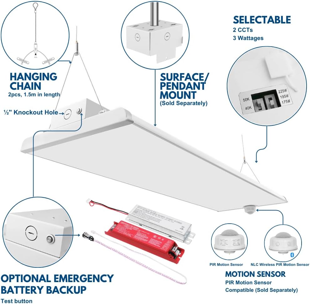 Konlite ALTA LED High Bay Light - 4FT - 225W/195W/175W - 37,600 Lumens - 5000K/4000K Selectable - 120-277V - 600W Metal Halide Equal