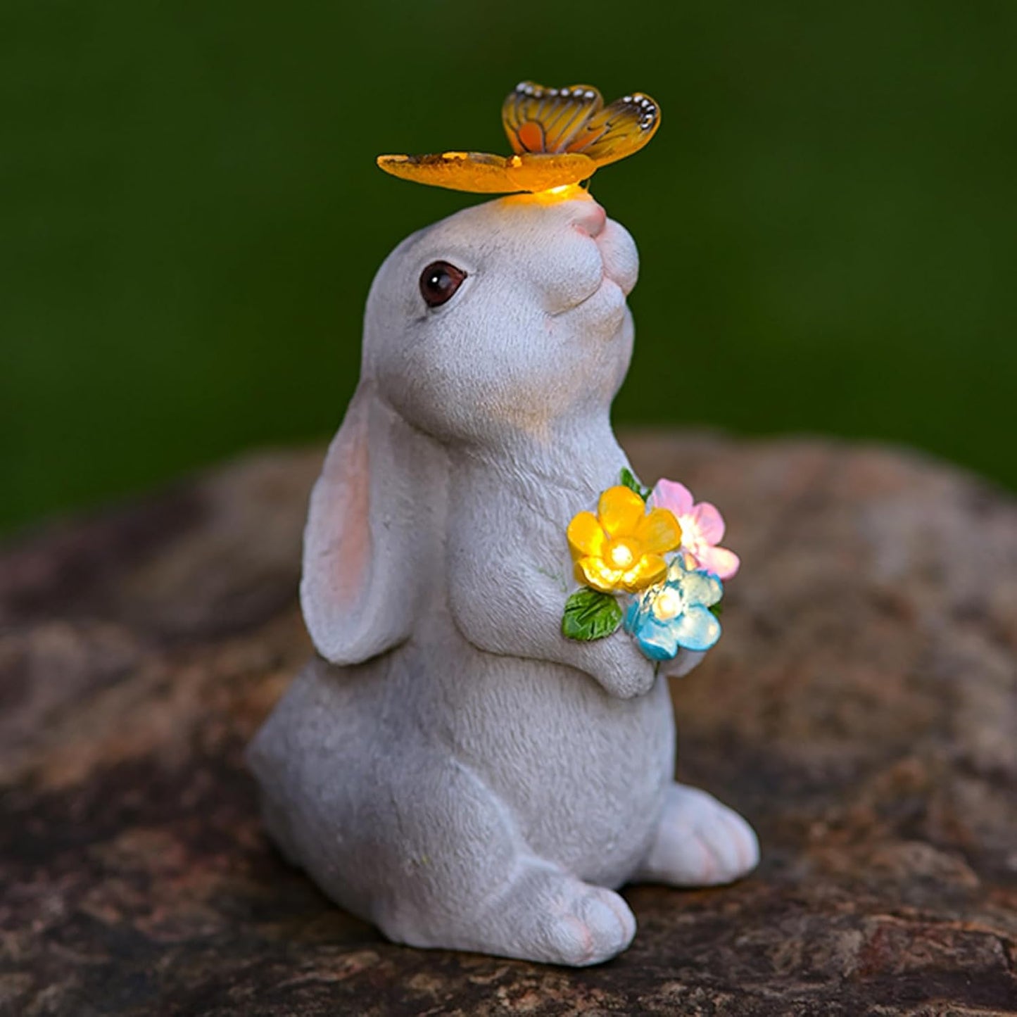 Solar Rabbit Outdoor Statues Garden Decor with Butterfly LED Lights Bunny Statue Decor for Patio Balcony Yard Lawn Ornament, Birthday Gardening Gifts for Mom Grandma Women
