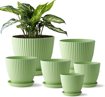7.5/6.5/5.5/4.9/4.2/3.5 Inch Plant Pots with Saucers & Drain Holes - Indoor/Outdoor Flower Pots for Succulents, Herbs, Cactus - Modern Lightweight Durable Planter Set, Green