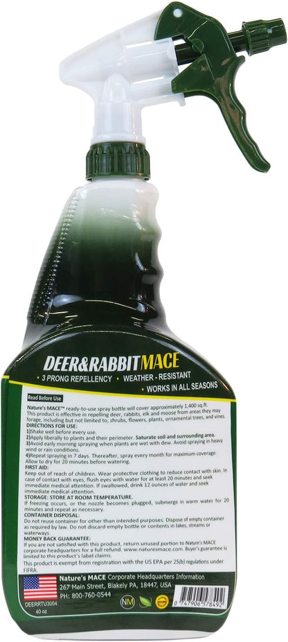 Nature’s Mace Deer and Rabbit MACE, Deer Repellent Spray For Plants, 40oz Ready-To-Use, Deer Deterrent, For Home & Garden, Protect Plants Fast, Keep Deer Out, Safe Around People, Pets, Plants, Produce