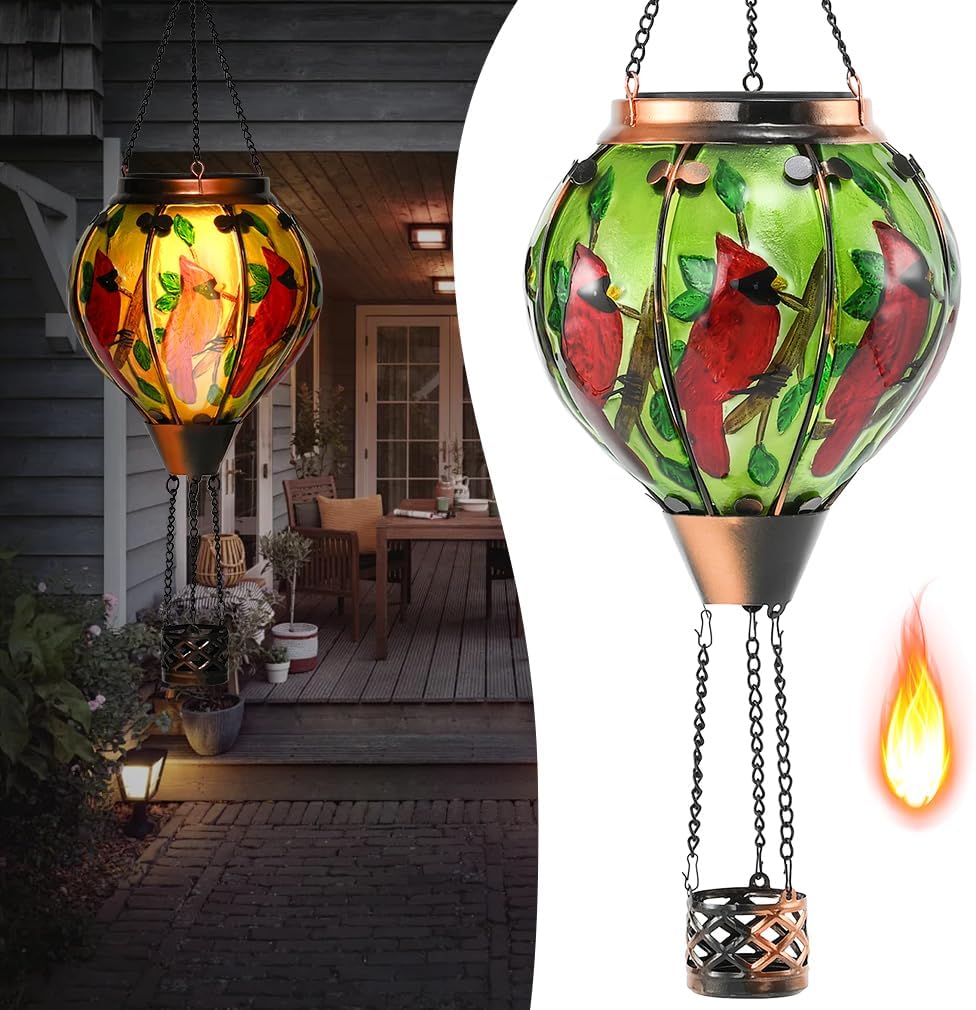 Hot Air Balloon Solar Lantern - Cardinal Bird Glass Lantern, Simulated Flickering & Dancing Flame, Outdoor Hanging Yard Light Waterproof IP65 for Patio Lawn Porch Decor Gift
