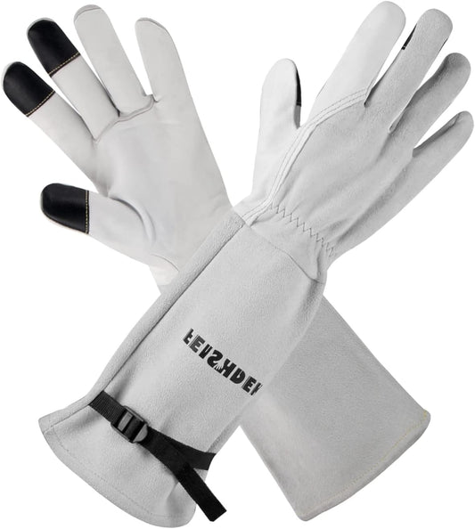 Garden Gloves Women/Men Thorn Proof, Deerskin Suede, 2 Layers Leather Rose Pruning Long Gardening Gloves for Cactus