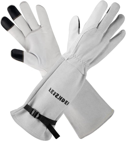 Garden Gloves Women/Men Thorn Proof, Deerskin Suede, 2 Layers Leather Rose Pruning Long Gardening Gloves for Cactus