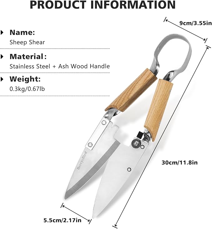 Berry&Bird Hand Shears, Single Bow Straight for Wool Sheep Shear for Alpaca, Pet, and Horse Shearing, Stainless Steel Large Grass Scissors for Cutting, Gardening, Pruning, and Trimming - 11.8'' Long