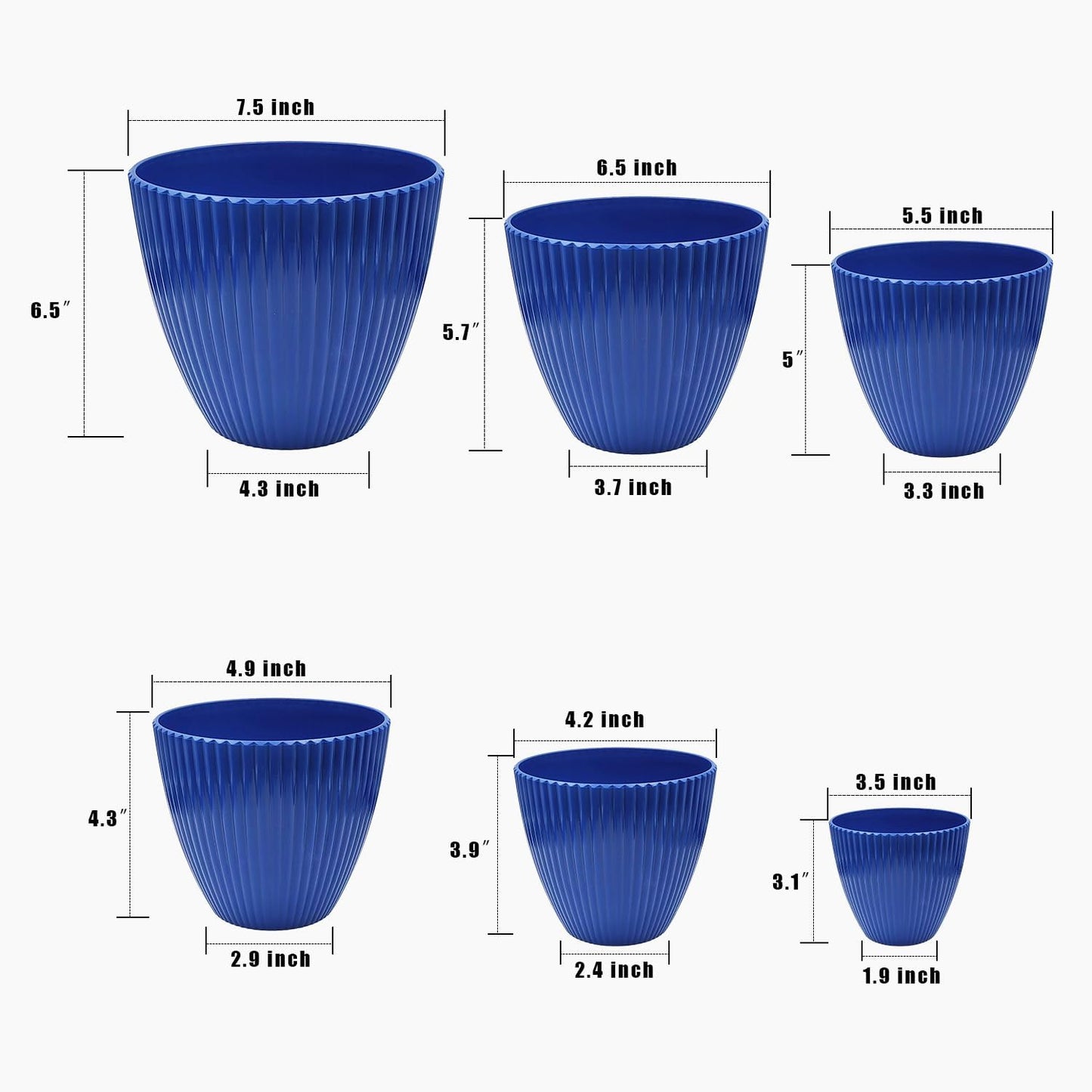 7.5/6.5/5.5/4.9/4.2/3.5 Inch Plant Pots with Saucers & Drain Holes - Indoor/Outdoor Flower Pots for Succulents, Herbs, Cactus - Modern Lightweight Durable Planter Set, Blue