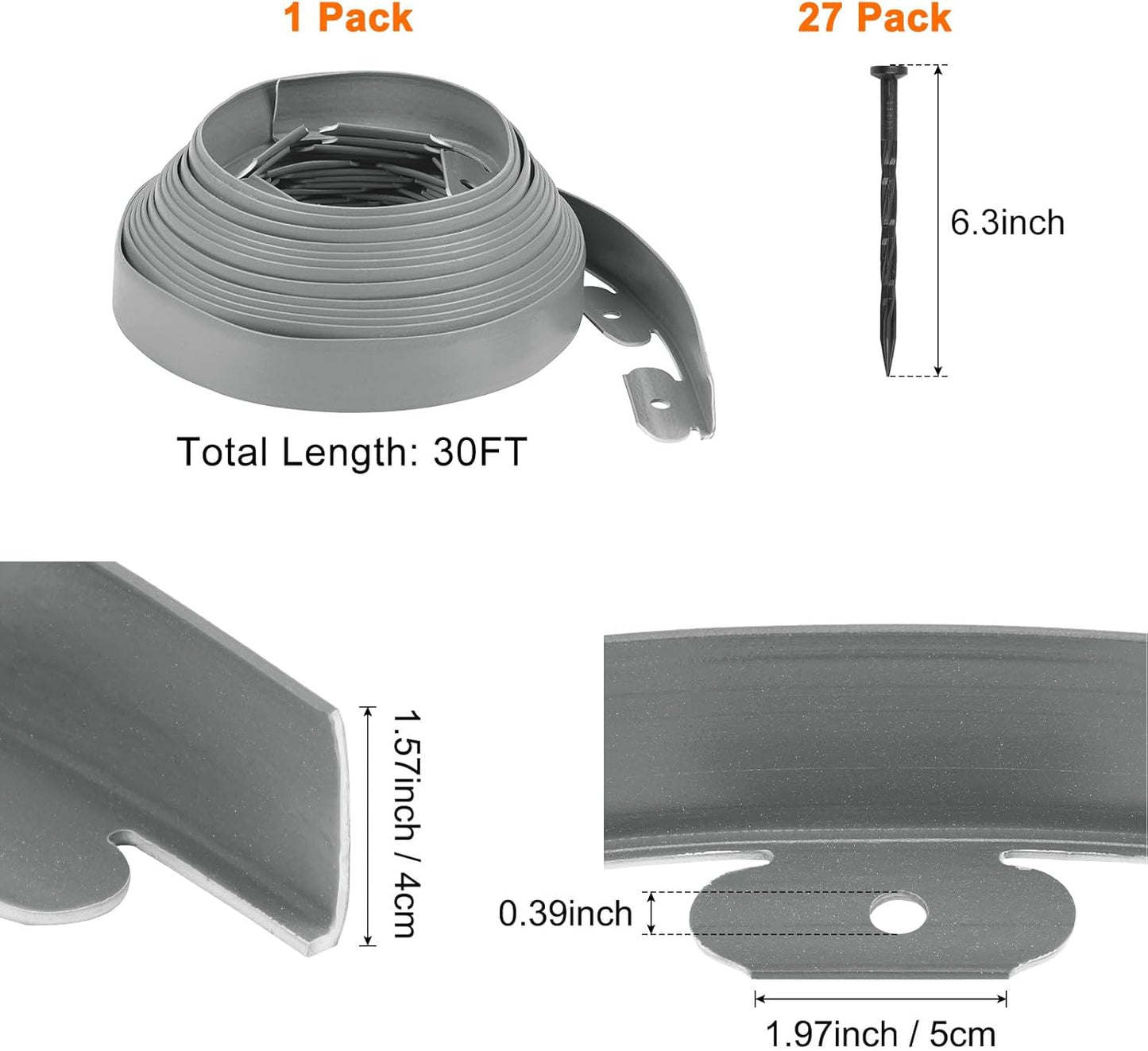 Garden Edging - 30 Feet Plastic Landscaping Edging Border with 27 Pack Spikes Apply to Flower Beds/Grass Lawn/Yard (1.57Inches Tall, Grey)