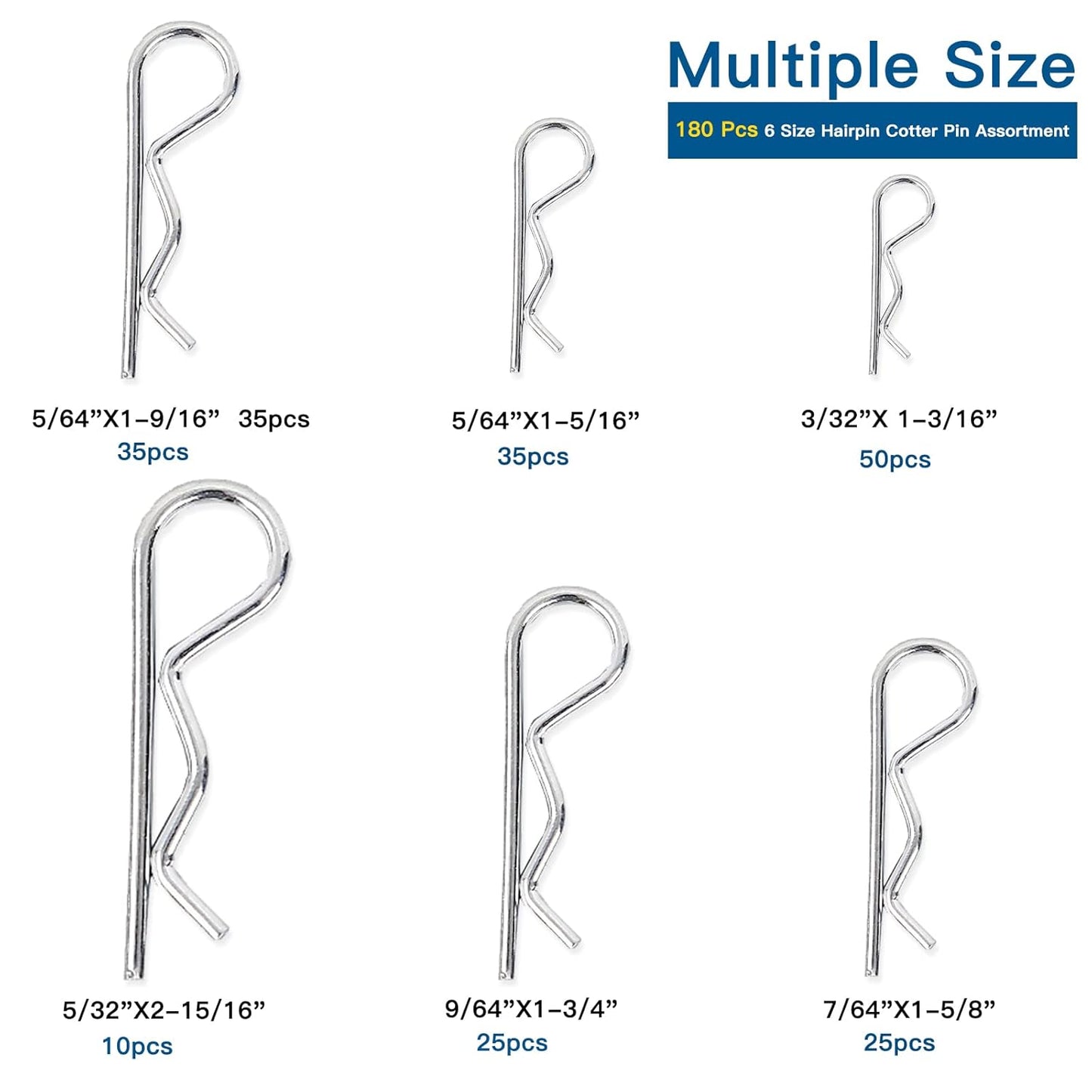 Boatsea Cotter Pin Assortment Kit, 180PCS 6 Sizes Hair Pin R Clips Assortment Kit, Zinc Plated Spring Steel Hairpin R Clips, Retaining Hair Pin for use on Hitch Pin Lock System