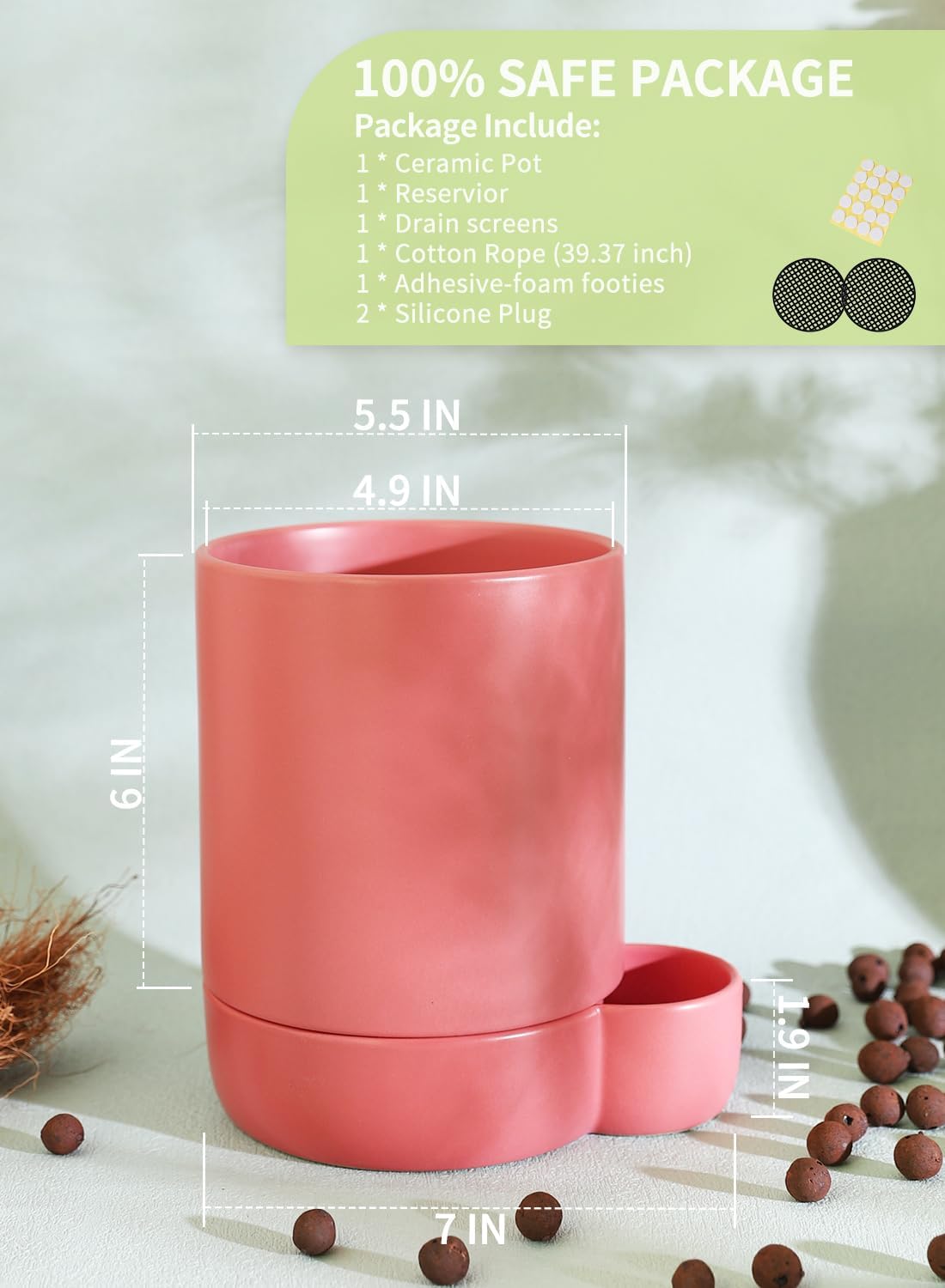 5.5 Inch Ceramic Self Watering Planters with Absorbent Cotton Rope, Cylinder Round Flower Pot for Succulent, Herbs, African Violets, Pink, 1 Pack