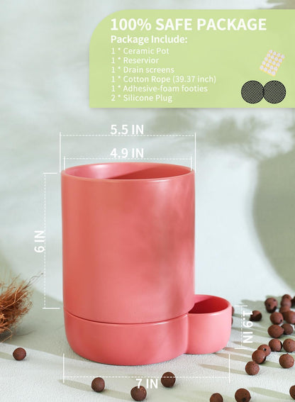 5.5 Inch Ceramic Self Watering Planters with Absorbent Cotton Rope, Cylinder Round Flower Pot for Succulent, Herbs, African Violets, Pink, 1 Pack