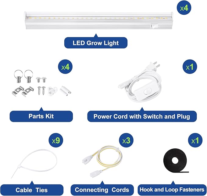 T5 Grow Light for Indoor Plants, 5000K Full Spectrum, 1FT LED Grow Lamp, Grow Lights Strip with Side Switch, Suitable for Greenhouse Seedlings and Vegetable Planting, Plug and Play, 4 Pack