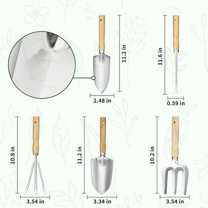 Garden Tool Set, 5 Pcs Gardening Tool Set with Weeder Puller, Dibber, Transplanter, Big Trowel, 5-Claw Cultivator - Wooden Handle Stainless Steel Gardening Hand Tools (ash Wood)