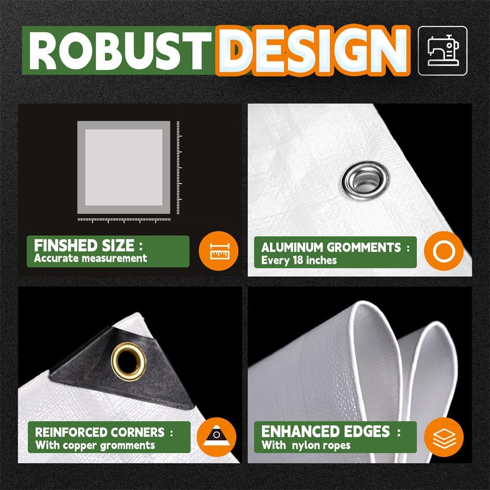RAINDEWAY 12 Mil Heavy Duty White Tarp 7x9 Feet, UV Resistant, Waterproof, Weatherproof Poly Tarp with Metal Grommets and Reinforced Edges