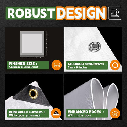 RAINDEWAY 12 Mil Heavy Duty White Tarp 20x20 Feet, UV Resistant, Waterproof, Weatherproof Poly Tarp with Metal Grommets and Reinforced Edges