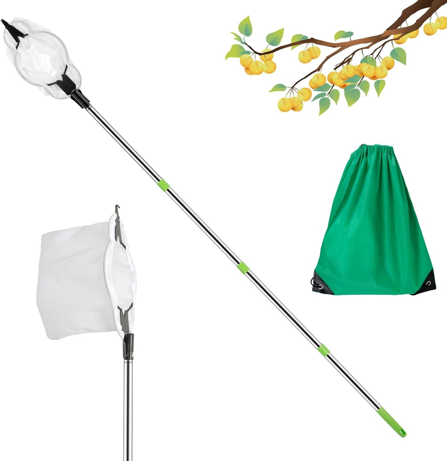 Fruit Picker Pole 5 FT Adjustable Pole with Soft Bag Fruit Catcher Equipment Tree Picker with Fruit Storage Bag for Apples Mango Pear Orange Avocados Fruit Picking(1.6 m/5.25ft)