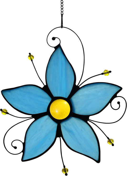 Stained Glass Window Hanging Flower Ornaments,Forget Me Not Blue Flower Suncatcher for Window, Home