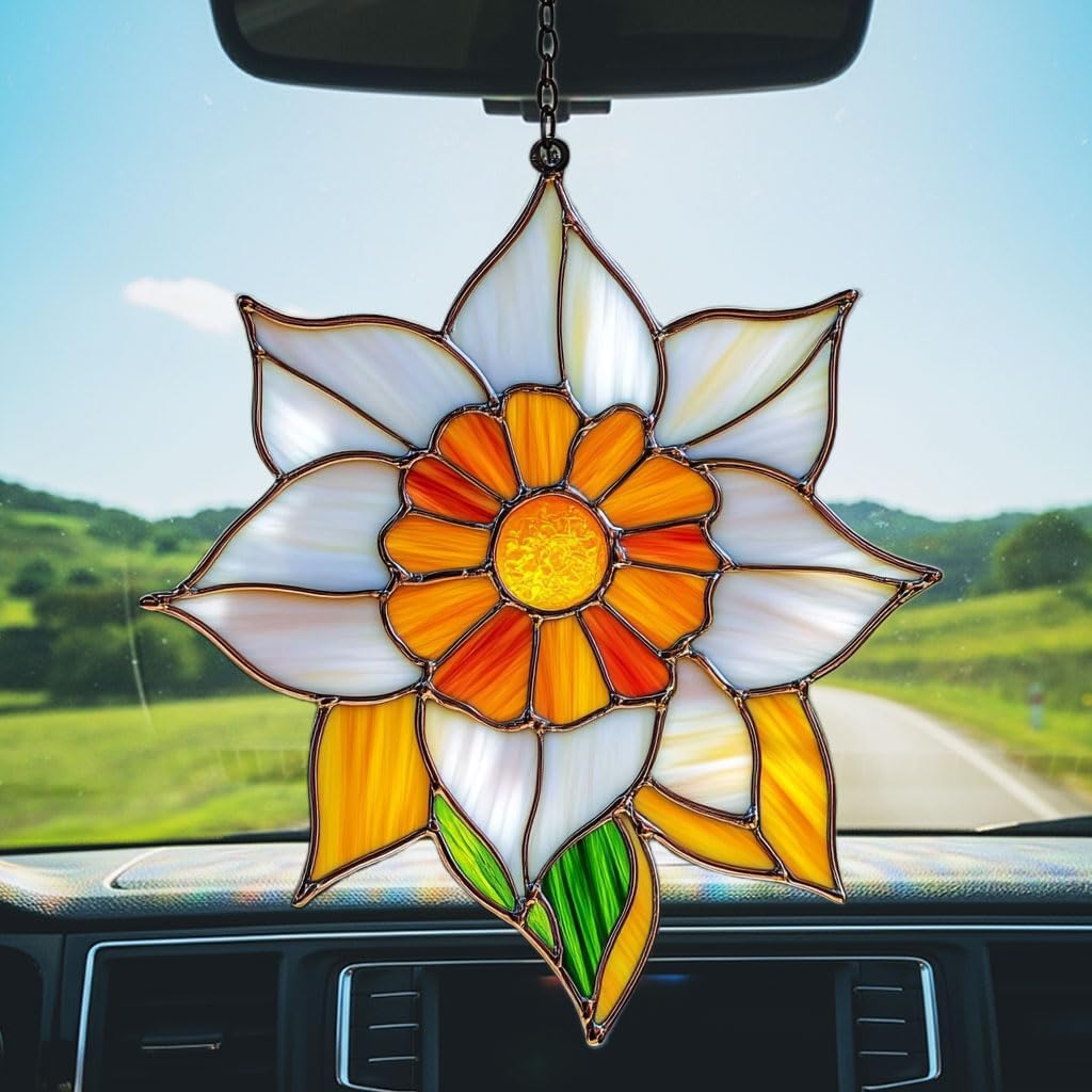 Narcissus Mosaic Style Acrylic Suncatcher Stained Glass Effect Window Car Hanging Christmas Ornament Indoor Outdoor Decor Garden Sun Catcher Panel for Floral Lover for Women Mom Grandma
