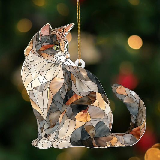 Stained Glass Cat Ornament – 2025 Christmas Tree Decoration, Handmade Animal Suncatcher for Window, for Cat Lovers & Unique Home Décor (Sun-05)