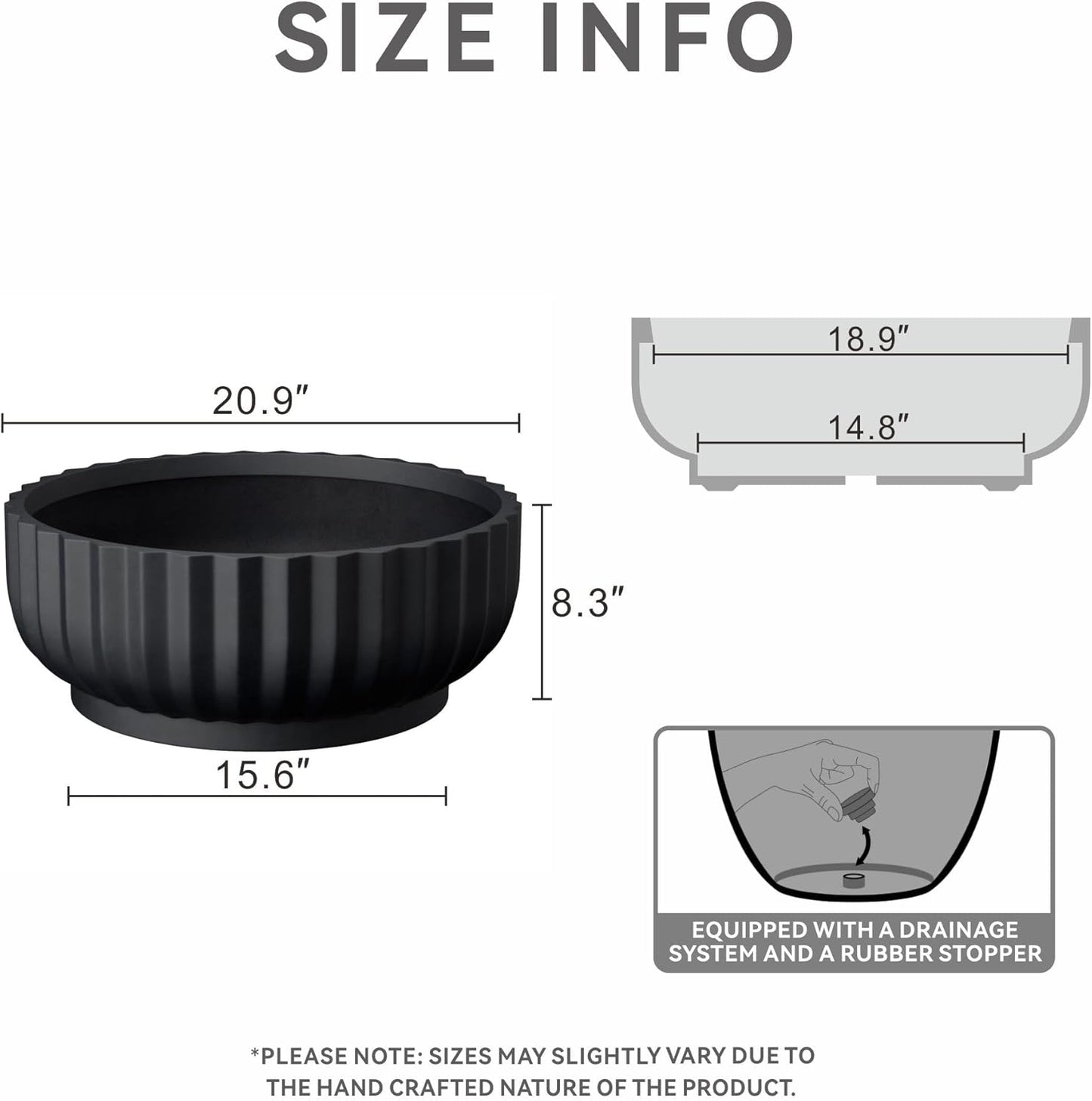 Kante Round Fulted Bowl Planter, 20.9 Inch Dia Large Concrete Flower Pots with Drainage Hole and Rubber Plug, Suitable for for Indoor Outdoor Plants, Home, Patio, Garden, Black