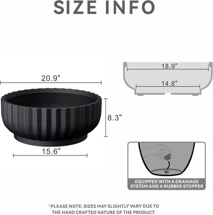 Kante Round Fulted Bowl Planter, 20.9 Inch Dia Large Concrete Flower Pots with Drainage Hole and Rubber Plug, Suitable for for Indoor Outdoor Plants, Home, Patio, Garden, Black