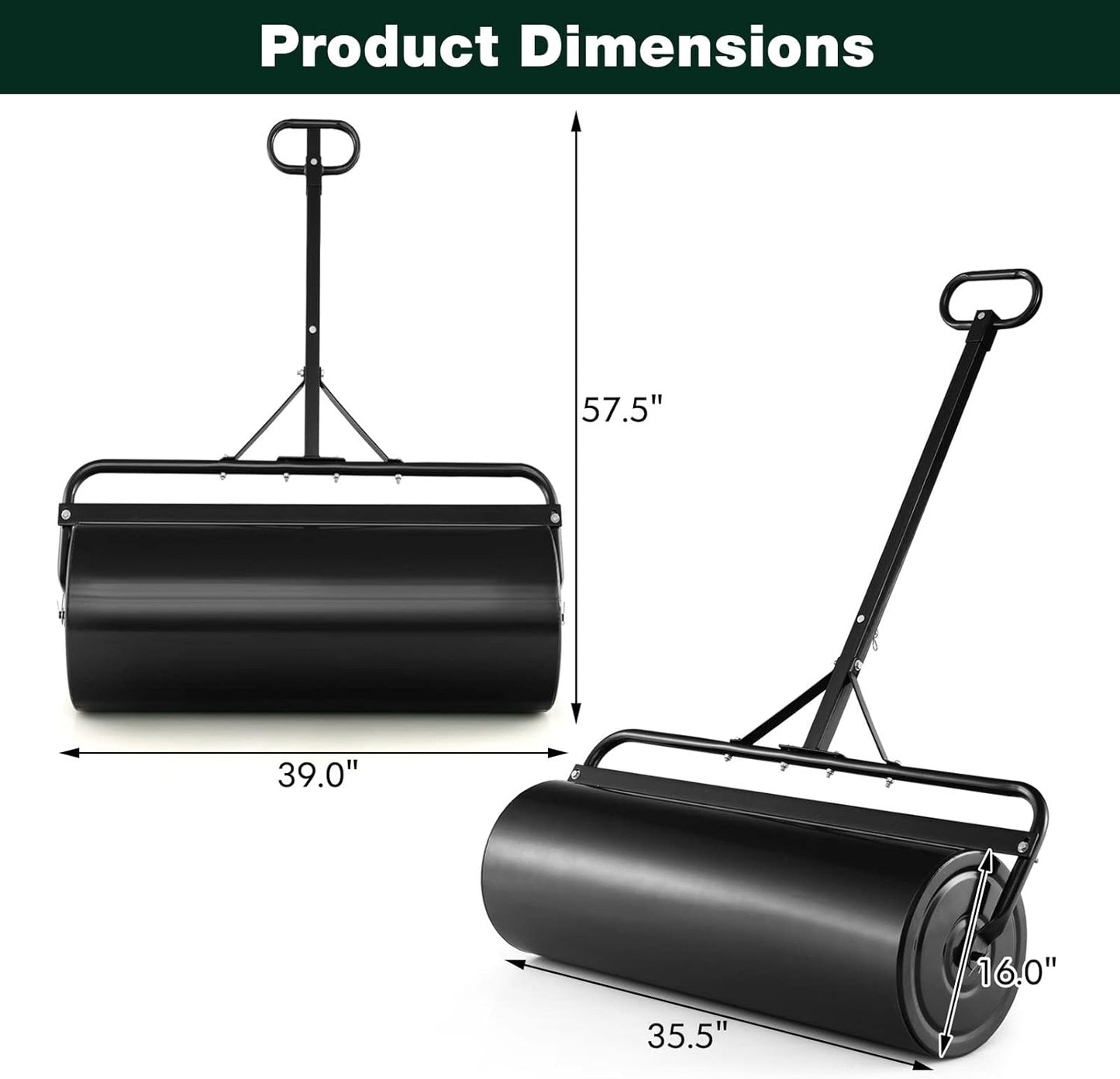 IRONMAX Lawn Roller, 30 Gallons/113 L Manual & Tow-Behind Steel Sod Roller w/Push Pull Handle, Lawn Rollers Tow Behind Water Filled for Yard, Park, Garden, Ball Field (30 Gallons, Black)