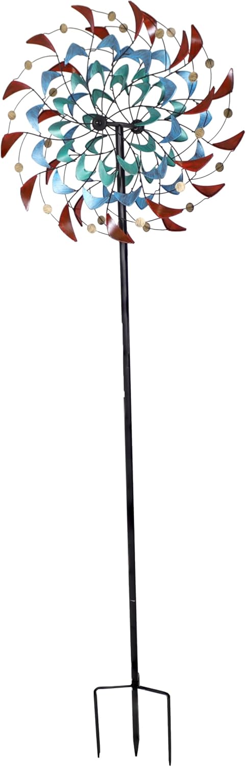 Sunnydaze Rainbow Breezes Metal Garden Wind Spinner - Removable Pole Sections for Adjustable Height - Dual-Motion Blades - 84" H