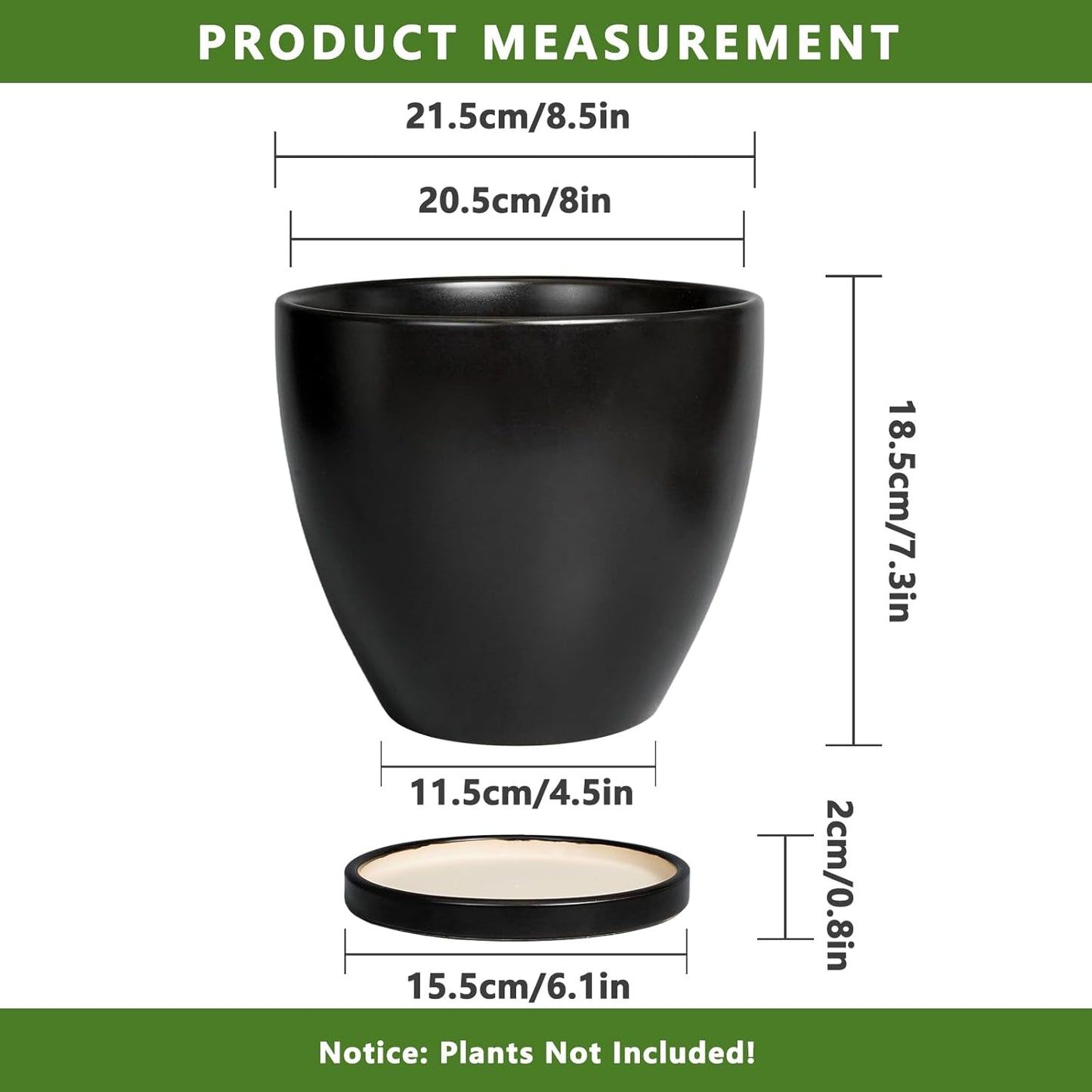 8 Inch Plant Pot - Ceraimc Planter for Indoor Outdoor Plants, Round Flower Pots with Drainage and Tray, House Decor, Black