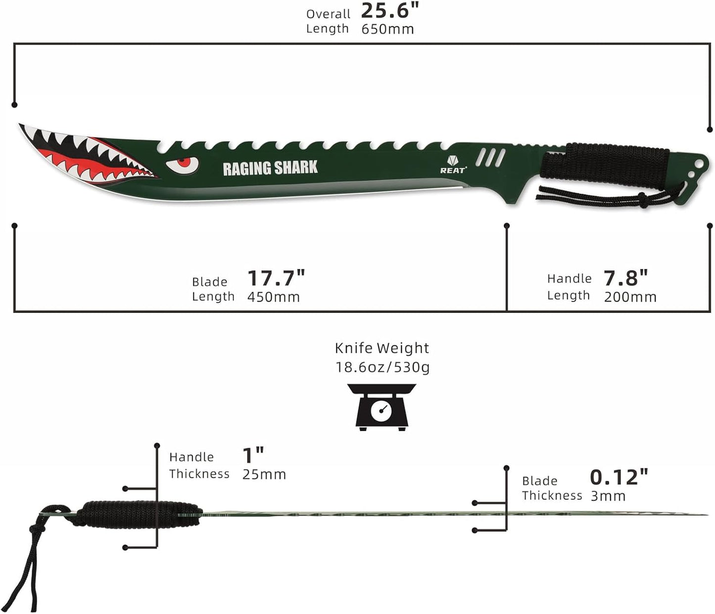 REAT Machete with Sheath, 25.5" Full Tang 420 Stainless Steel Blade with Raging Shark Green Coating,Non-silp Cord-Wrapped Handle for Yard Work, Cutting Trees,Camping
