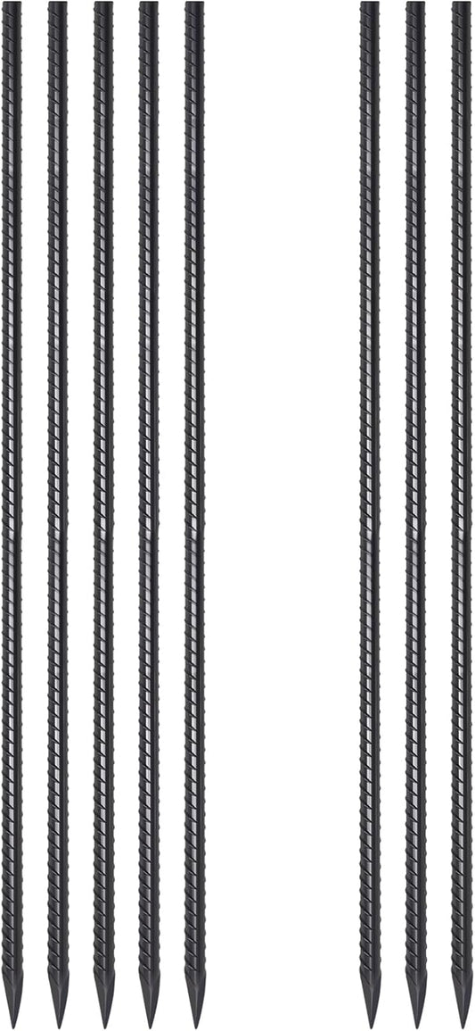 Steel Rebar Stakes 48 lnch 8 Pack Ground Stakes Heavy Duty 1/2 Inch Diameter Landscpe Timber Spikes Straight Metal Stakes with Chisel Point for Garden Camping Plant Support, Black