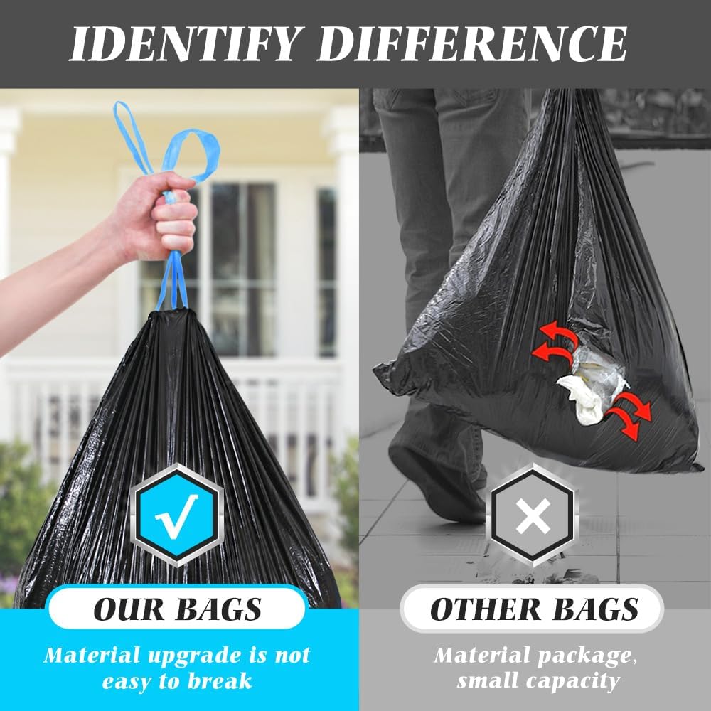 Teivio 15-16 Gallon 120 Counts Strong Tall Kitchen Drawstring Trash Bags, Medium Plastic Garbage Bags for Home Kitchen Garden Office Tall Trash Can, Black Waste Bin Liners